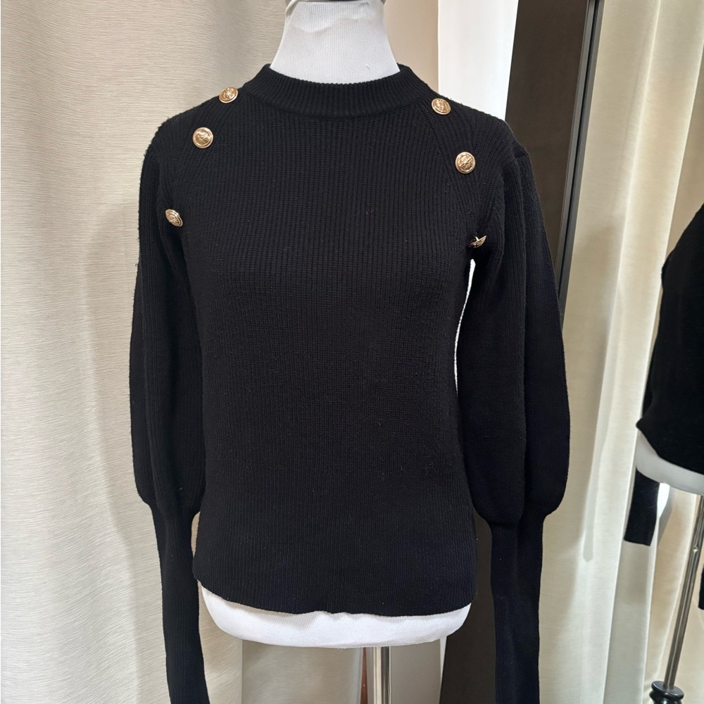 Black Sweater with Gold Button Accents